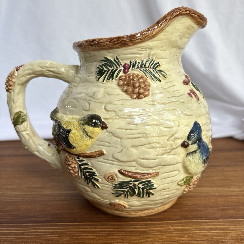 Sonoma Knollwood Ceramic Pitcher Birds Pinecones Rustic Country Cottage